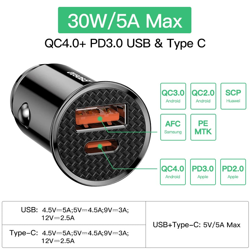 Carregador Veicular USB 30W - Carregamento Rápido Quick Charge