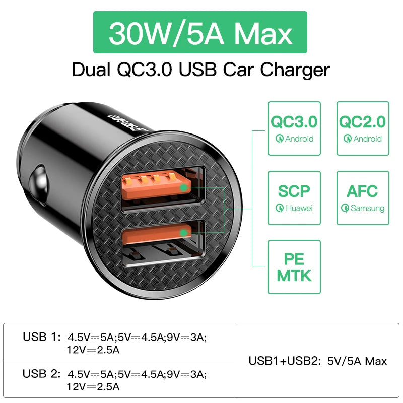 Carregador Veicular USB 30W - Carregamento Rápido Quick Charge